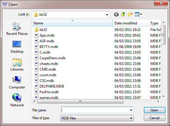Open dialog for selecting MDB / Accdb file.