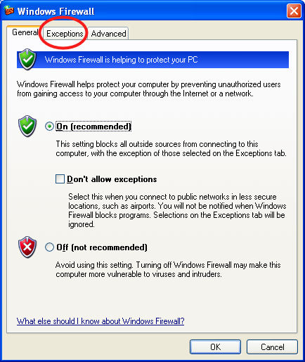 Exception tab on Windows XP Firewall