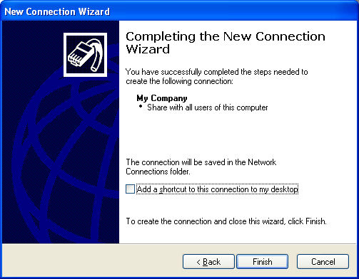 Completing new connection wizard