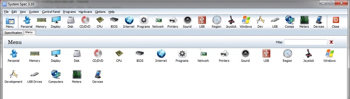 System Spec menu
