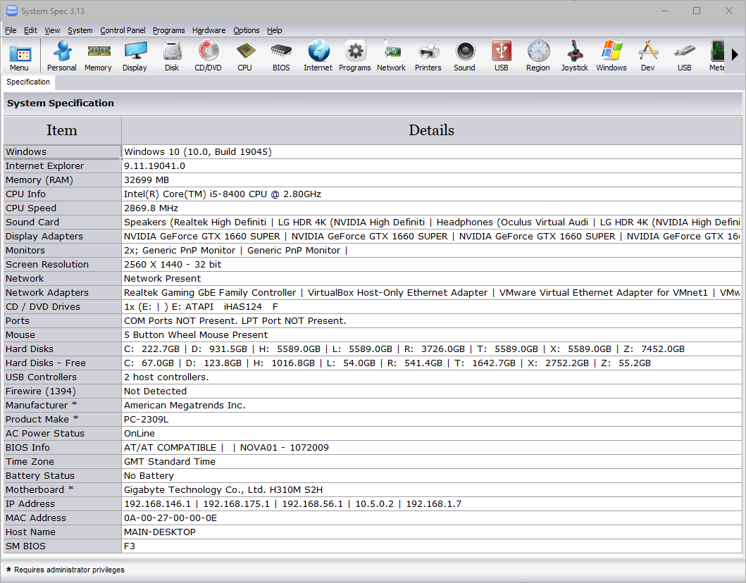 System Spec main system information