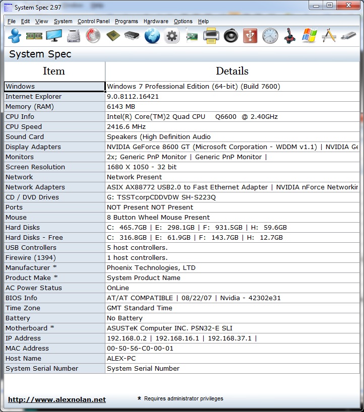 System Spec main system information