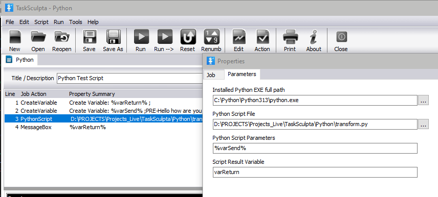  Python script action dialog